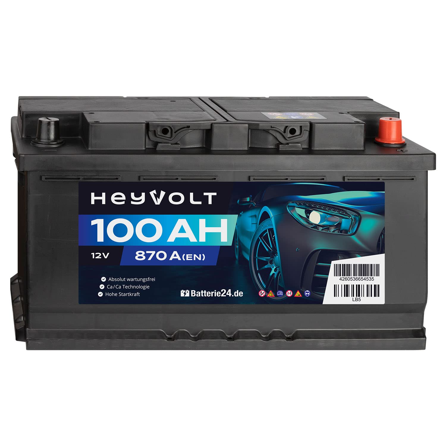 HeyVolt Autobatterie 12V 100Ah 870A/EN Starterbatterie, absolut wartungsfrei ersetzt 85Ah 88Ah 92Ah 95Ah von Batterie24.de