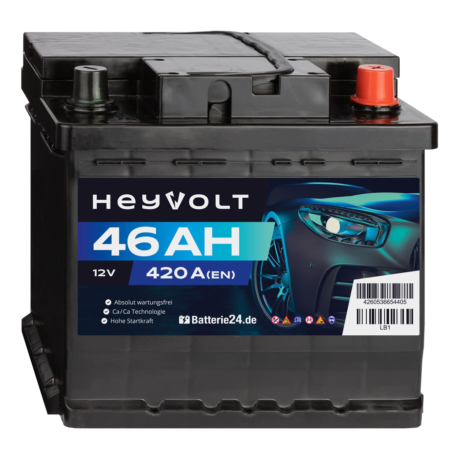 HeyVolt Autobatterie 12V 46Ah 420A/EN Starterbatterie, absolut wartungsfrei ersetzt 36Ah 41Ah 43Ah 44Ah 46Ah von Batterie24.de