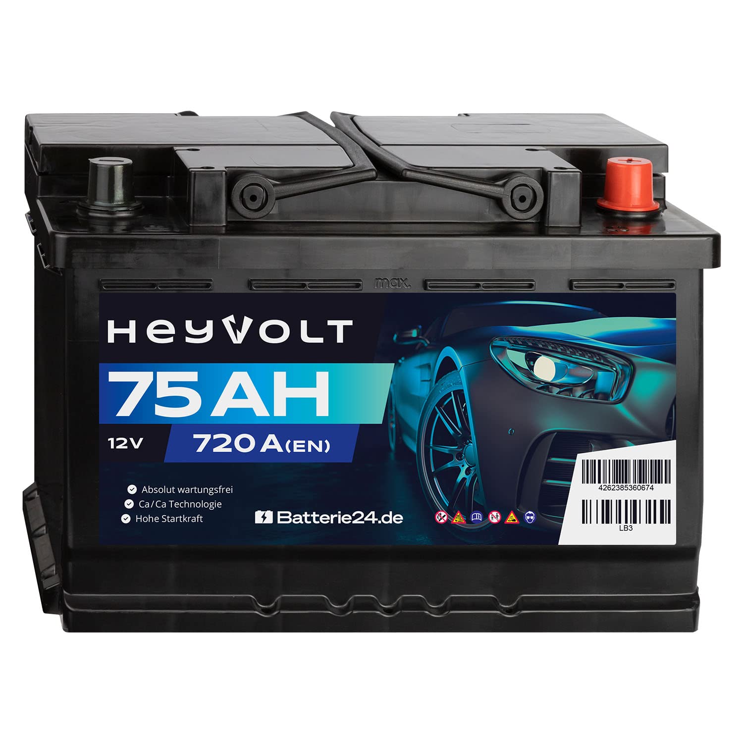 HeyVolt Autobatterie 12V 75Ah 720A/EN Starterbatterie, absolut wartungsfrei ersetzt 68Ah 70Ah 72Ah 74Ah von Batterie24.de