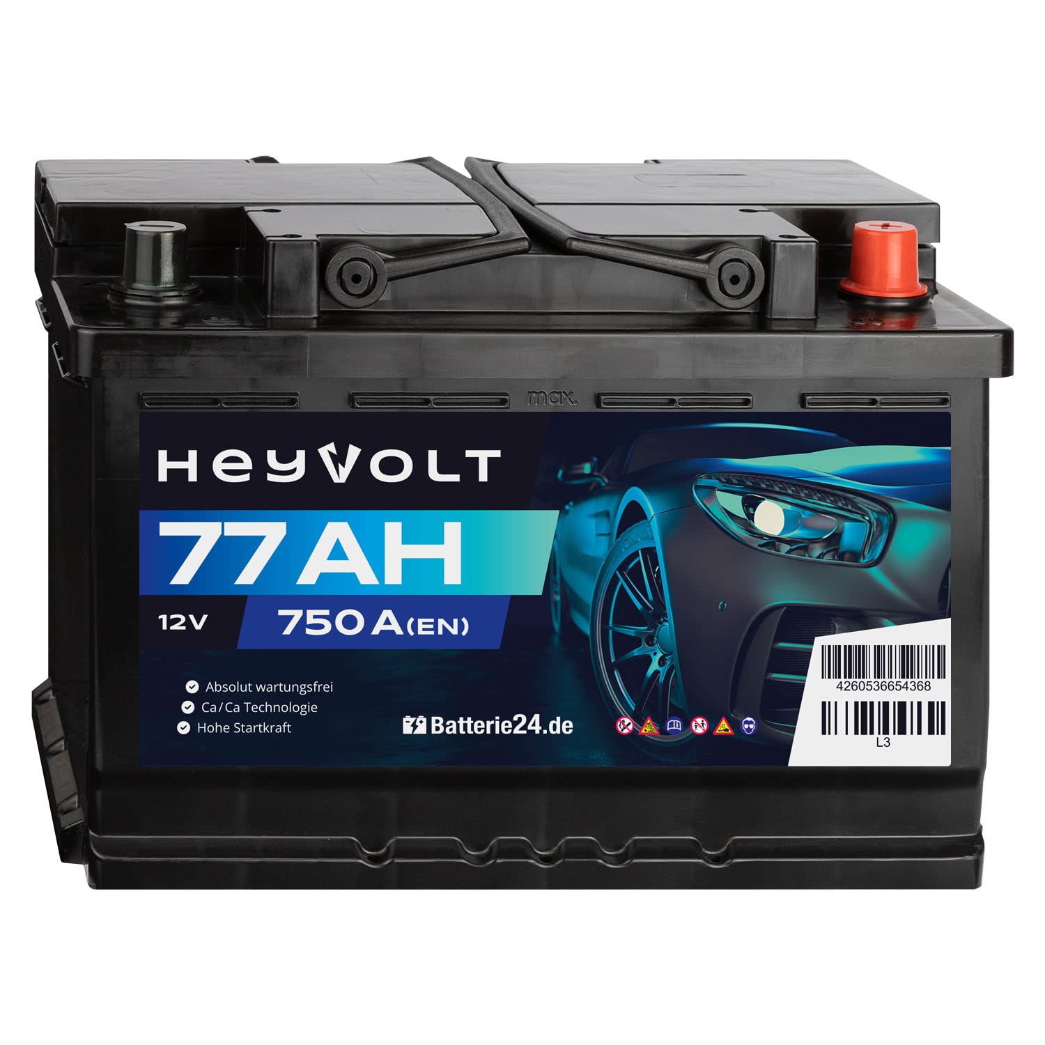HeyVolt Autobatterie 12V 77Ah 750A/EN Starterbatterie, absolut wartungsfrei ersetzt 68Ah 70Ah 72Ah 74Ah 75Ah von Batterie24.de