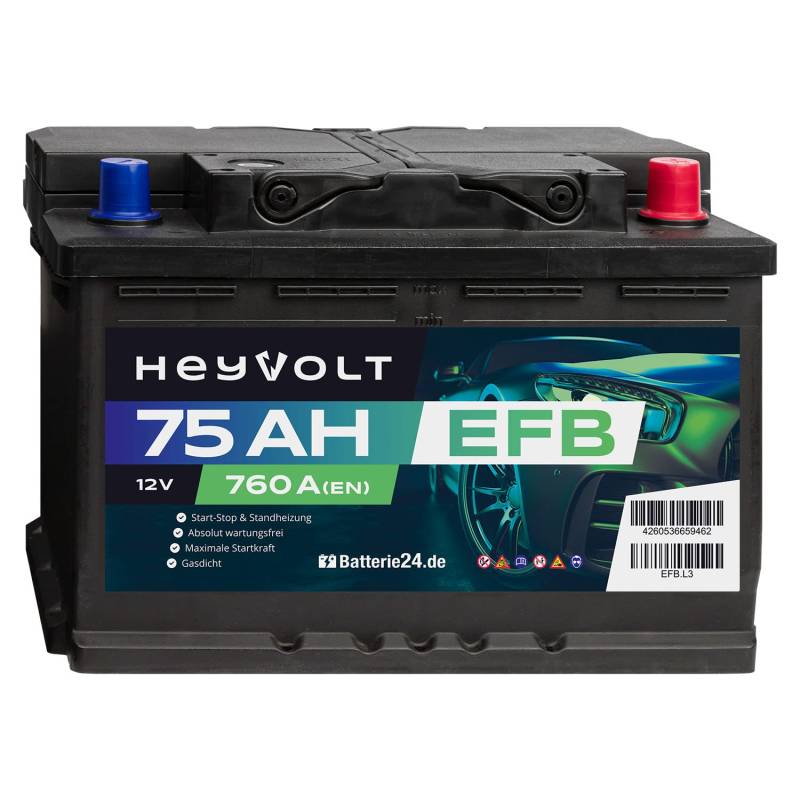 HeyVolt EFB Autobatterie 12V 75Ah 760A/EN Starterbatterie, Start-Stopp & Standheizung geeignet, absolut wartungsfrei von Batterie24.de