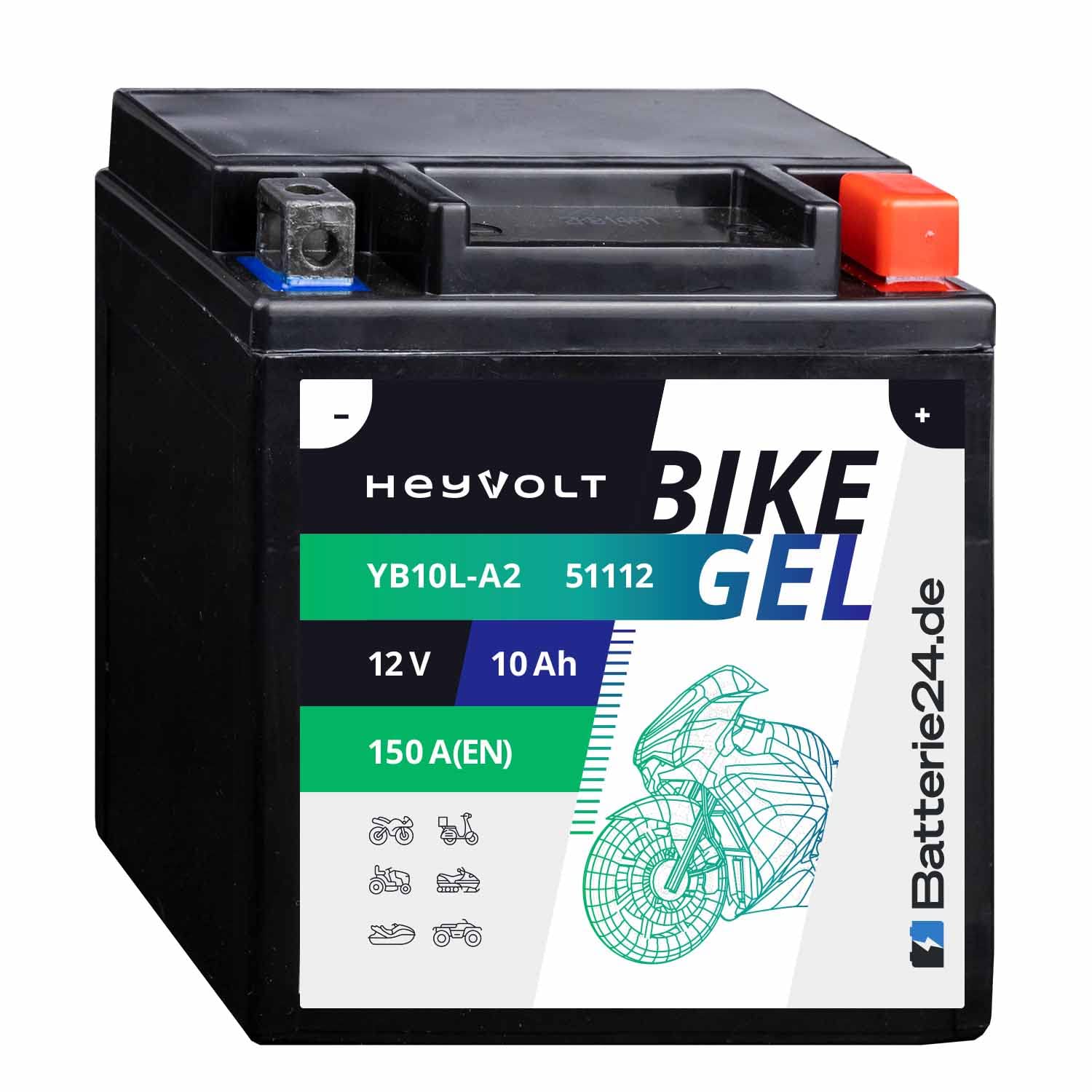 HeyVolt GEL Motorradbatterie 12V 10Ah YB10L-BS YB10L-A2 YB10L-A2 YB10L-B YB10L-B2 51113 von Batterie24.de