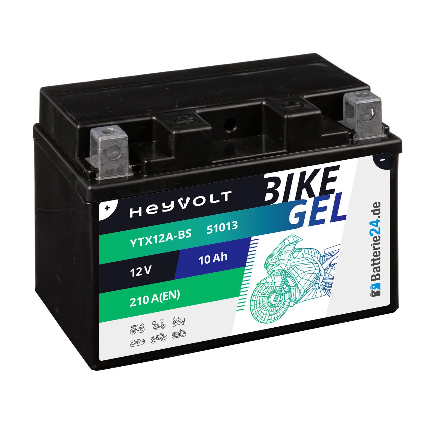 HeyVolt GEL Motorradbatterie 12V 10Ah YTX12A-BS 51013 CTX12A-BS GT12A-BS von Batterie24.de