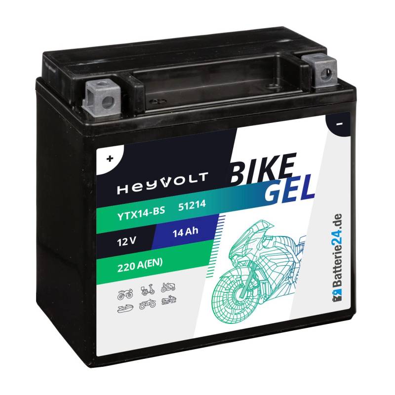 HeyVolt GEL Motorradbatterie 12V 14Ah YTX14-BS 51214 GEL12-14-BS CTX14-BS WP14-BS von Batterie24.de