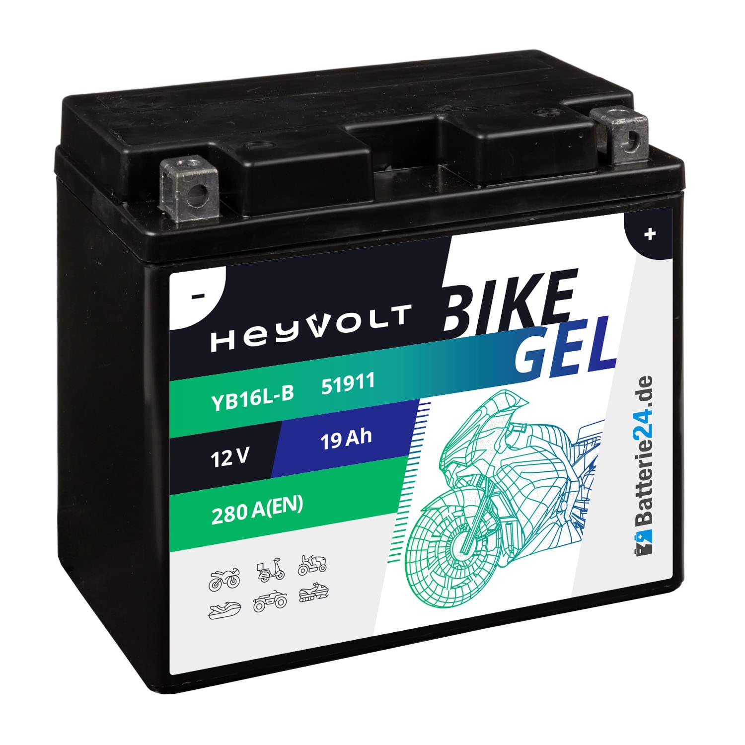 HeyVolt GEL Motorradbatterie 12V 19Ah YB16L-B SYB16L-B GM16Z-3B FB16-L-B 6D4P EB16L-B von Batterie24.de