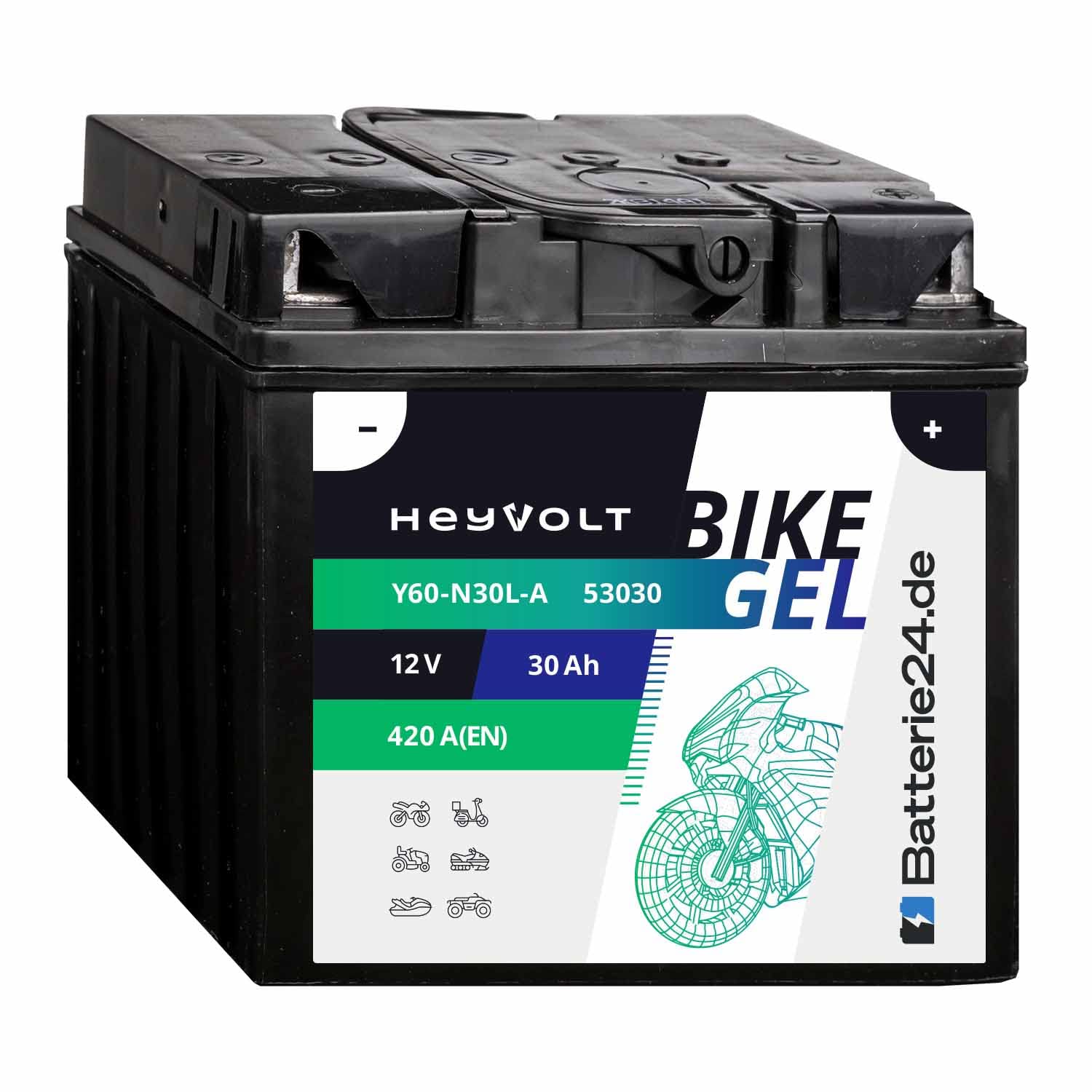 HeyVolt GEL Motorradbatterie 12V 30Ah Y60-N30L-A C60-N30L-A 53030 C60-N30L-A von Batterie24.de
