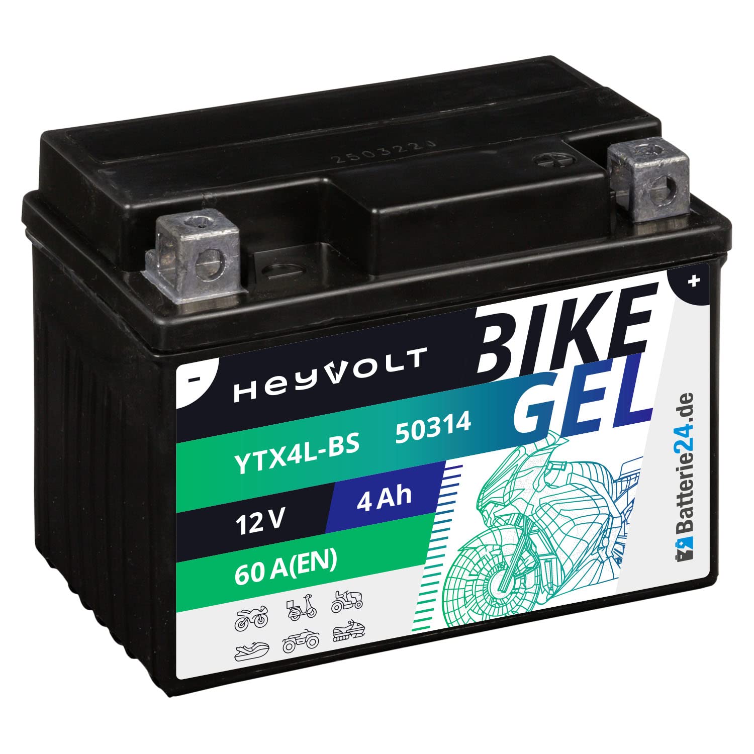 HeyVolt GEL Motorradbatterie 12V 4Ah Rollerbatterie YTX4L-BS CTX4L-BS 50314 YT4L-BS von Batterie24.de