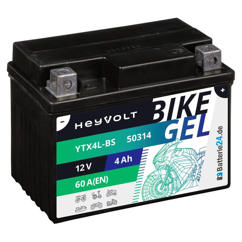 Batterie24.de HeyVolt GEL Motorradbatterie 12V 4Ah Rollerbatterie YTX4L-BS CTX4L-BS 50314 YT4L-BS von Batterie24.de