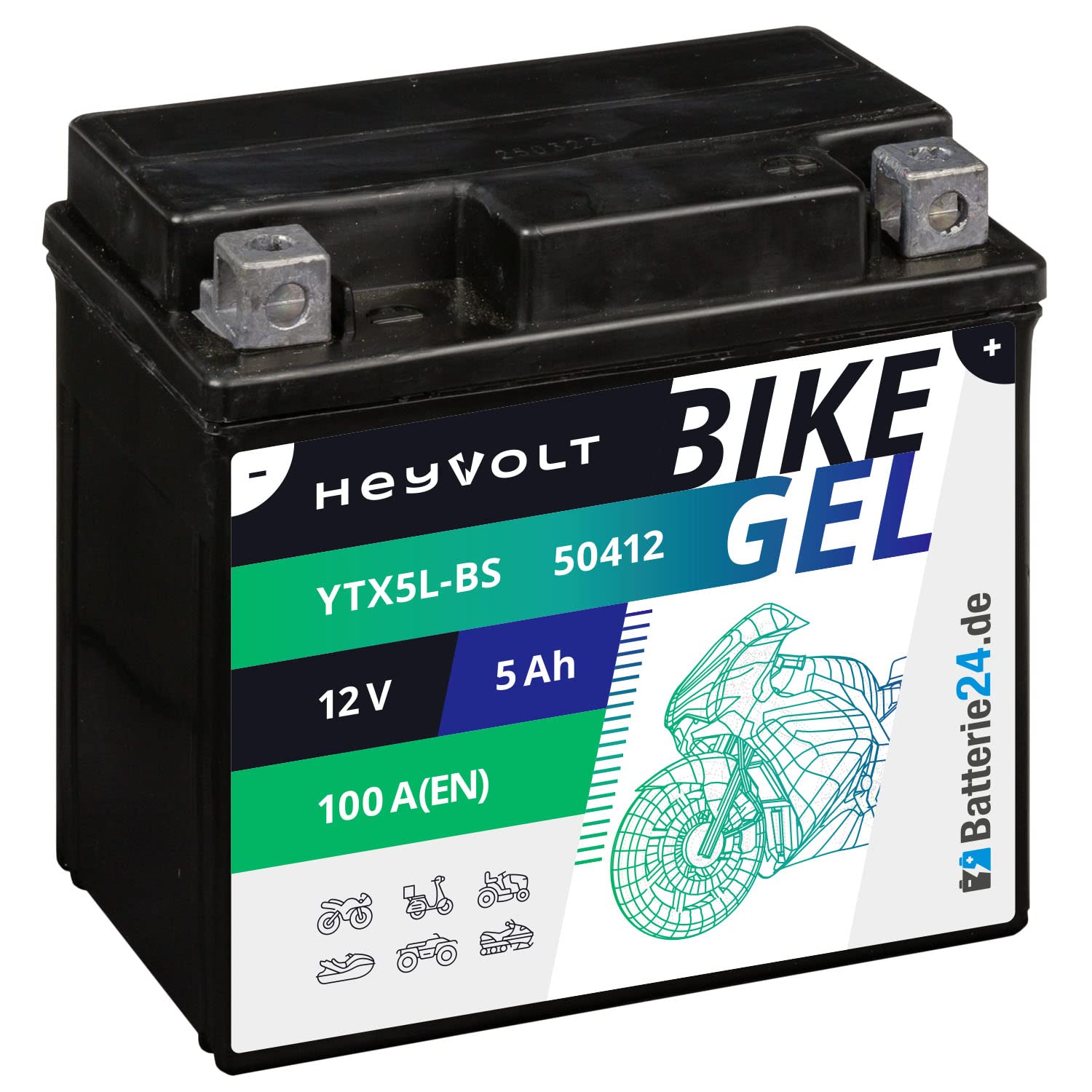 HeyVolt GEL Motorradbatterie 12V 5Ah Rollerbatterie YTX5L-BS CTX5L-BS 50412 GTX5L-BS von Batterie24.de