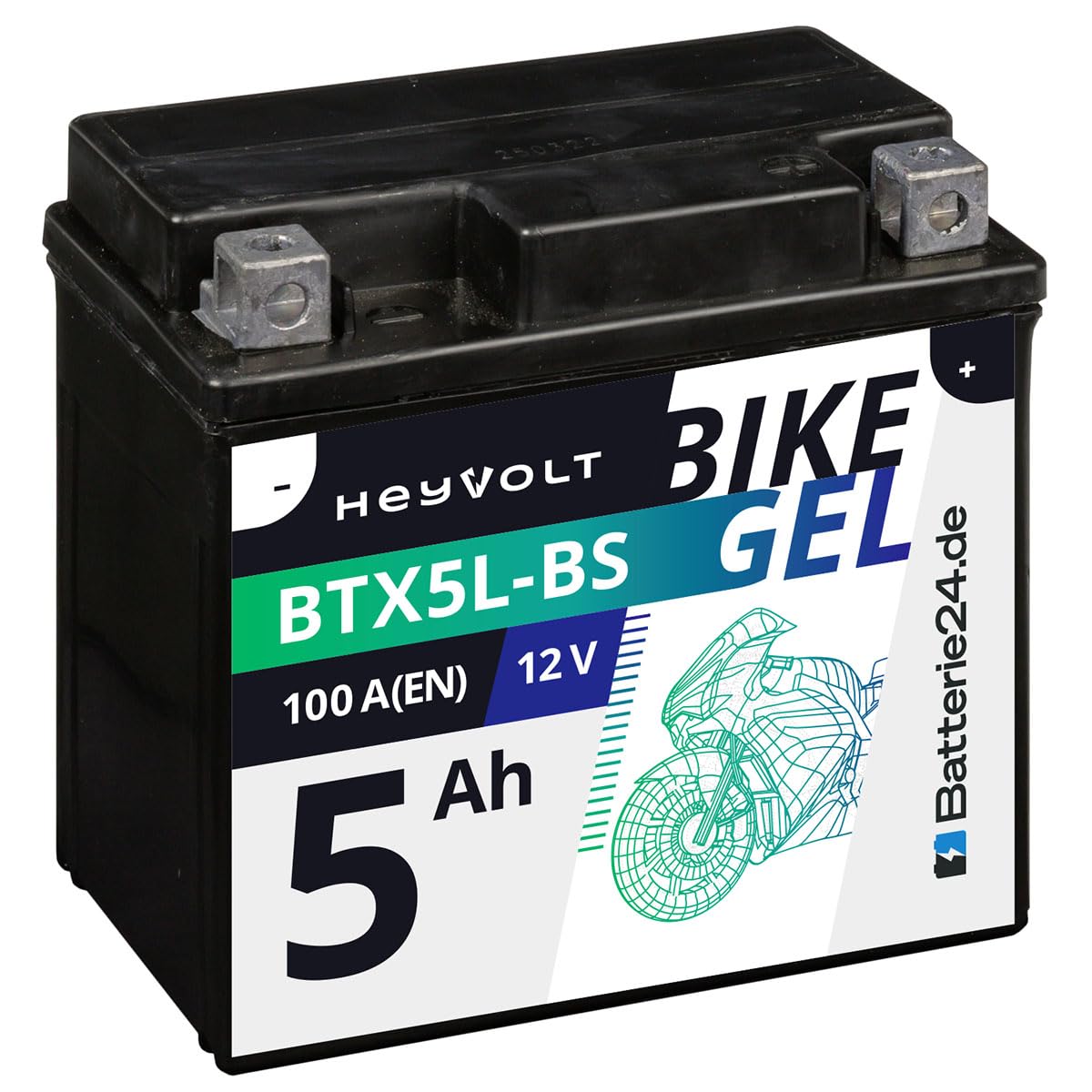 Batterie24.de HeyVolt GEL Motorradbatterie 12V 5Ah Rollerbatterie YTX5L-BS CTX5L-BS 50412 GTX5L-BS von Batterie24.de