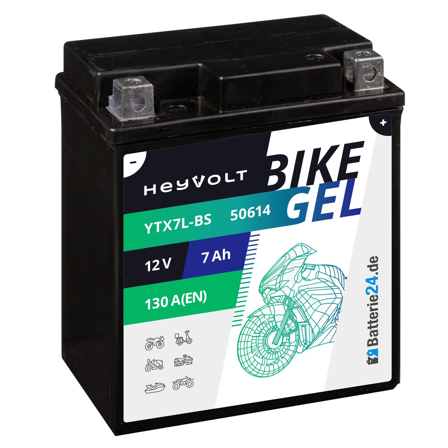 HeyVolt GEL Motorradbatterie 12V 7Ah 50614 YTX7L-BS CTX7L-BS FTX7L-BS HTX7L-BS DTX7L-BS von Batterie24.de