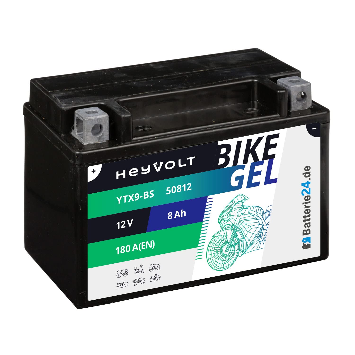 HeyVolt GEL Motorradbatterie 12V 8Ah YTX9-BS 50812 GTX9-BS FTX9-BS CTX9-BS, ETX9-BS von Batterie24.de
