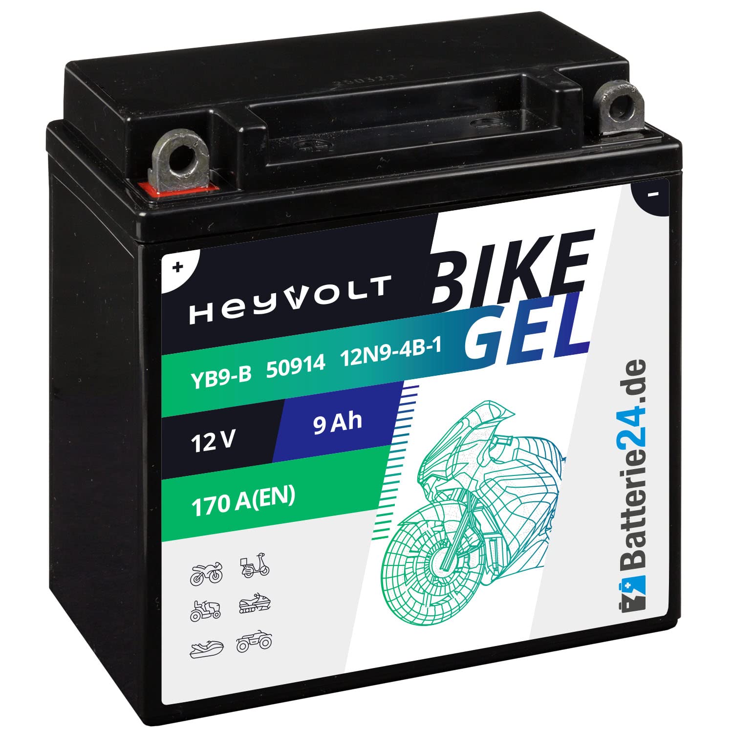 HeyVolt GEL Motorradbatterie 12V 9Ah 12N9-4B-1 YB9-B CB9-B 50914 12-9-4B-1 JMB9-B von Batterie24.de