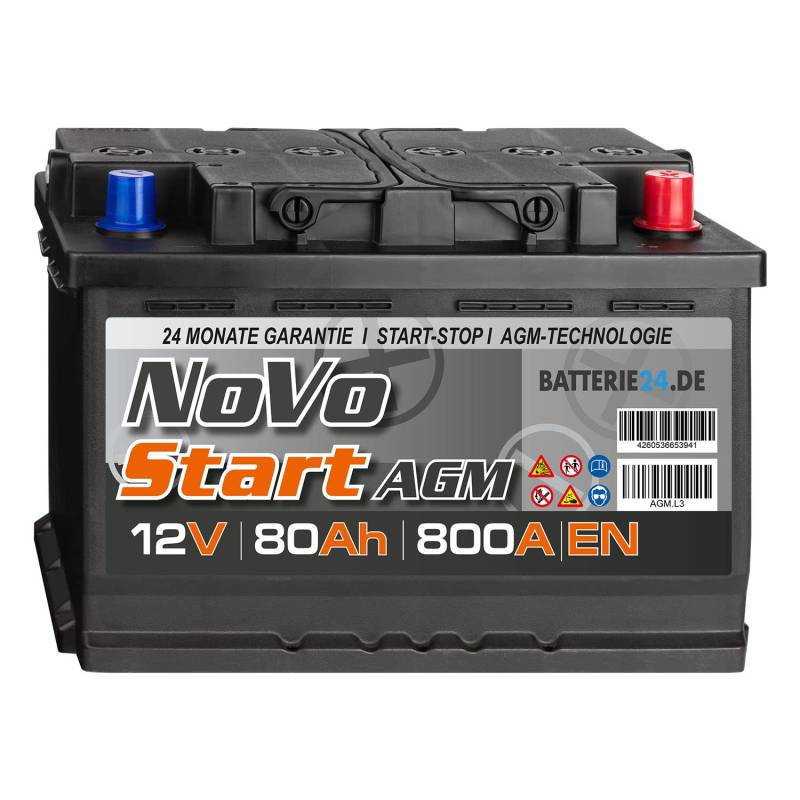 NoVo AGM Autobatterie 80Ah 12V, auslaufsicher, überlegene Leistung, geeignet für hohe Anforderungen von Batterie24.de