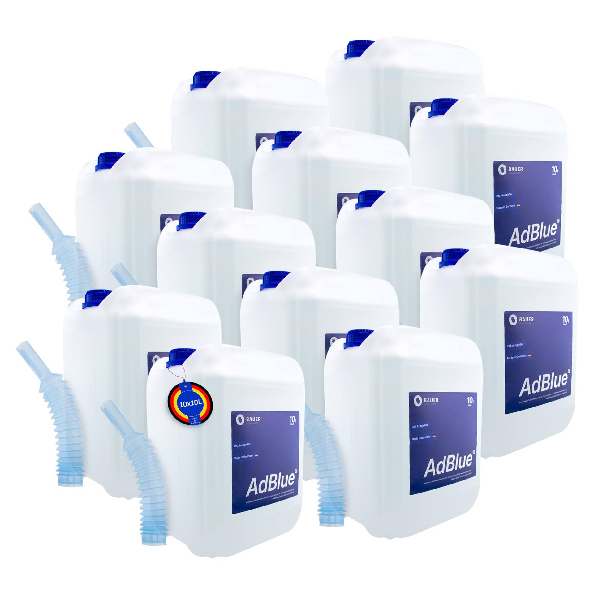 BAUER BLUE AdBlue Sparpaket Premium Harnstofflösung Kanister mit Flex-Ausgießer für Diesel-Motoren, ISO 22241 Konform – Optimale SCR-Abgasnachbehandlung, Made in Germany (100 Liter) von Bauer Blue