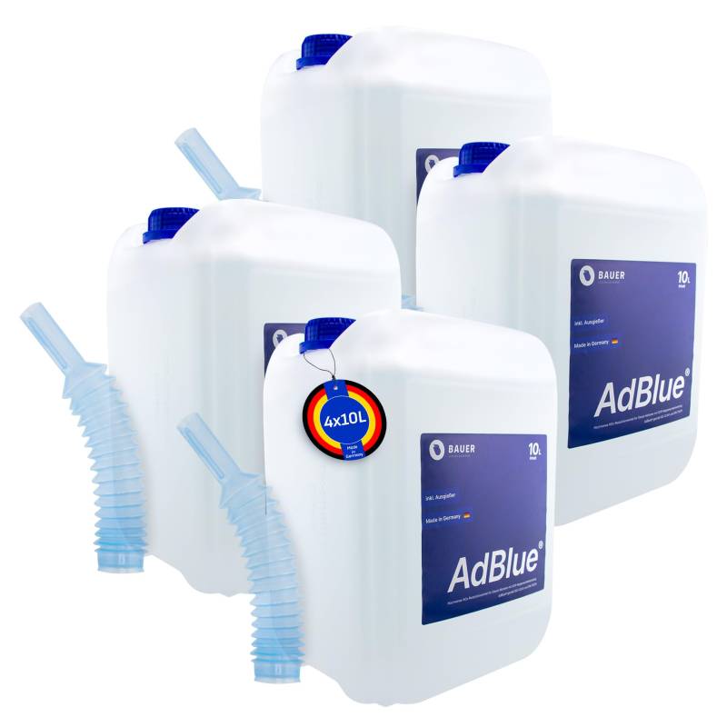 BAUER BLUE – Adblue – 4x10 Liter Kanister mit Flex-Ausgießer – für Diesel Motoren – Herstellung nach ISO 22241 – Premium Harnstofflösung – Made in Germany – Optimale SCR-Abgasnachbehandlung (40 Liter) von Bauer Blue