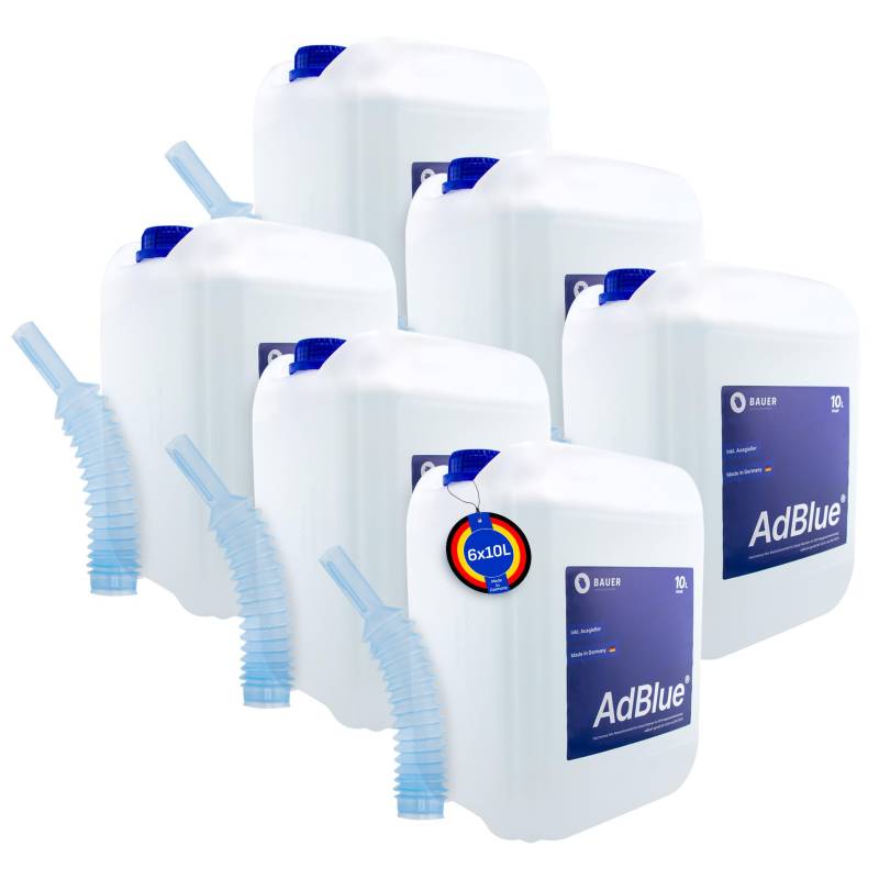 BAUER BLUE – Adblue – 6x10 Liter Kanister mit Flex-Ausgießer – für Diesel Motoren – Herstellung nach ISO 22241 – Premium Harnstofflösung – Made in Germany – Optimale SCR-Abgasnachbehandlung (60 Liter) von Bauer Blue