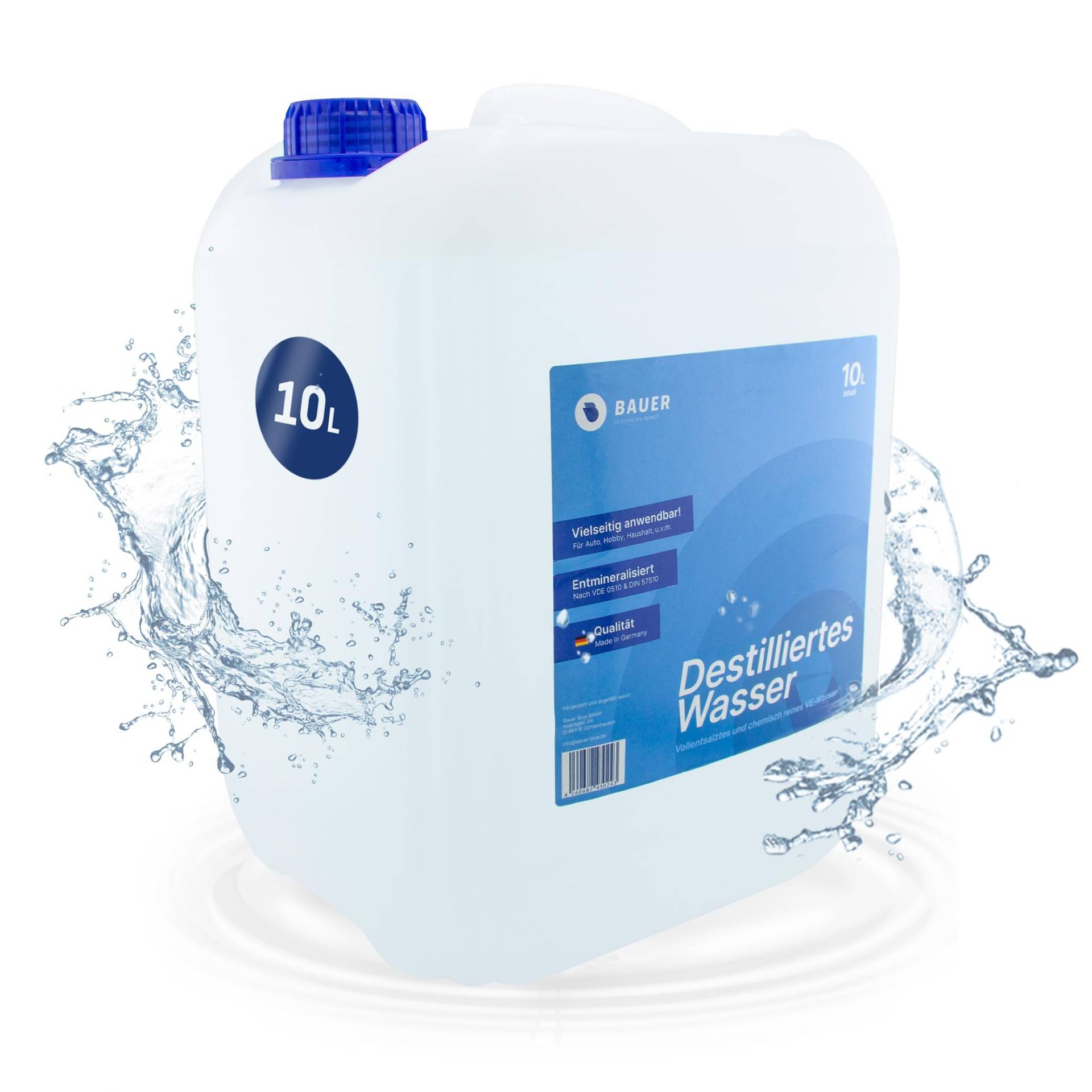 Bauer Blue Destilliertes Wasser, Demineralisiert nach VDE 0510 & DIN57510, Ultra-Hochrein für Industrie und Haushalt, Vollentsalzt und Entmineralisiert, Made in Germany, TÜV-Geprüft, [1x10 Liter] von Bauer Blue