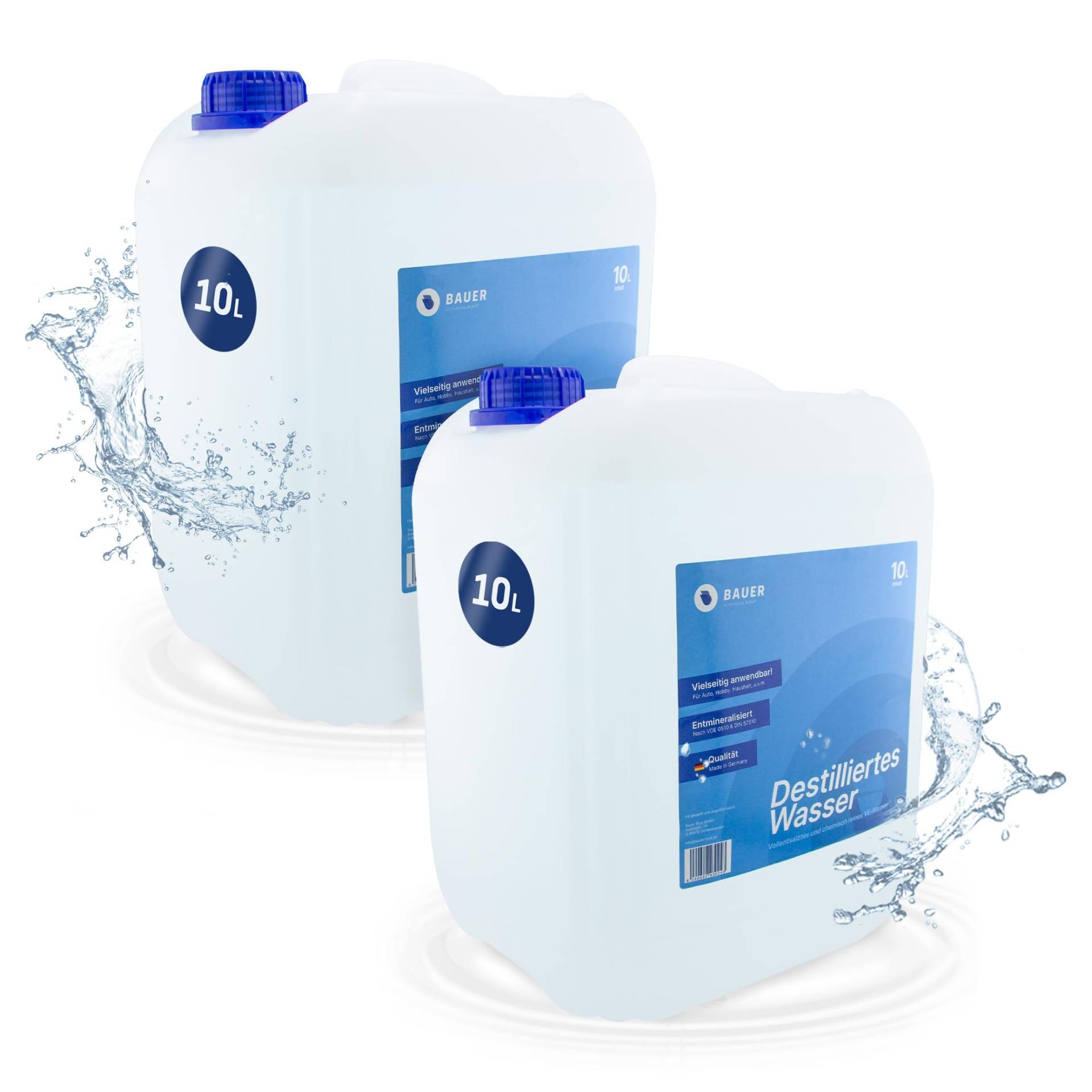 Bauer Blue Destilliertes Wasser, Demineralisiert nach VDE 0510 & DIN57510, Ultra-Hochrein für Industrie und Haushalt, Vollentsalzt und Entmineralisiert, Made in Germany, TÜV-Geprüft, [2x10 Liter] von Bauer Blue