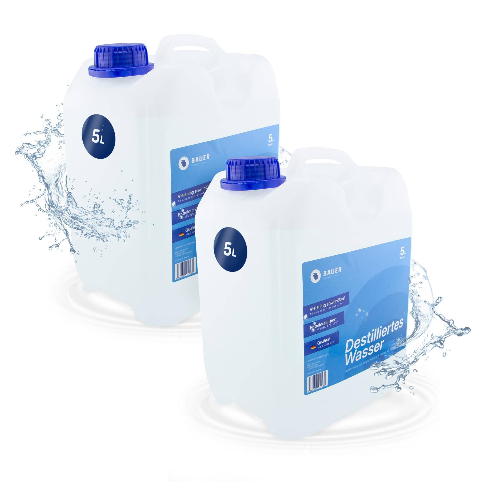 Bauer Blue Destilliertes Wasser, Demineralisiert nach VDE 0510 & DIN57510, Ultra-Hochrein für Industrie und Haushalt, Vollentsalzt und Entmineralisiert, Made in Germany, TÜV-Geprüft, [2x5 Liter] von Bauer Blue