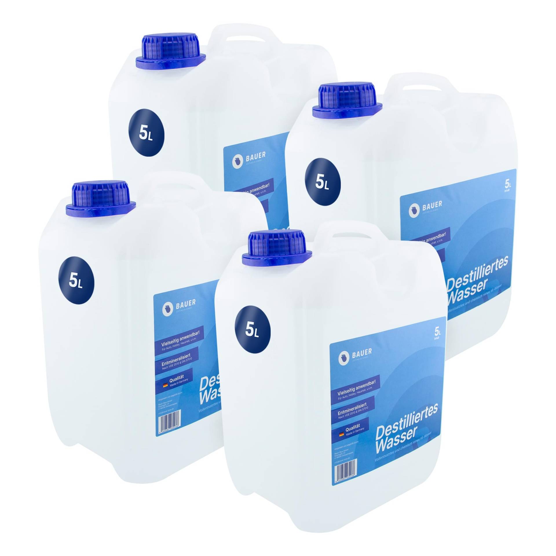 Bauer Blue Destilliertes Wasser, Demineralisiert nach VDE 0510 & DIN57510, Ultra-Hochrein für Industrie und Haushalt, Vollentsalzt und Entmineralisiert, Made in Germany, TÜV-Geprüft, [4x5 Liter] von Bauer Blue