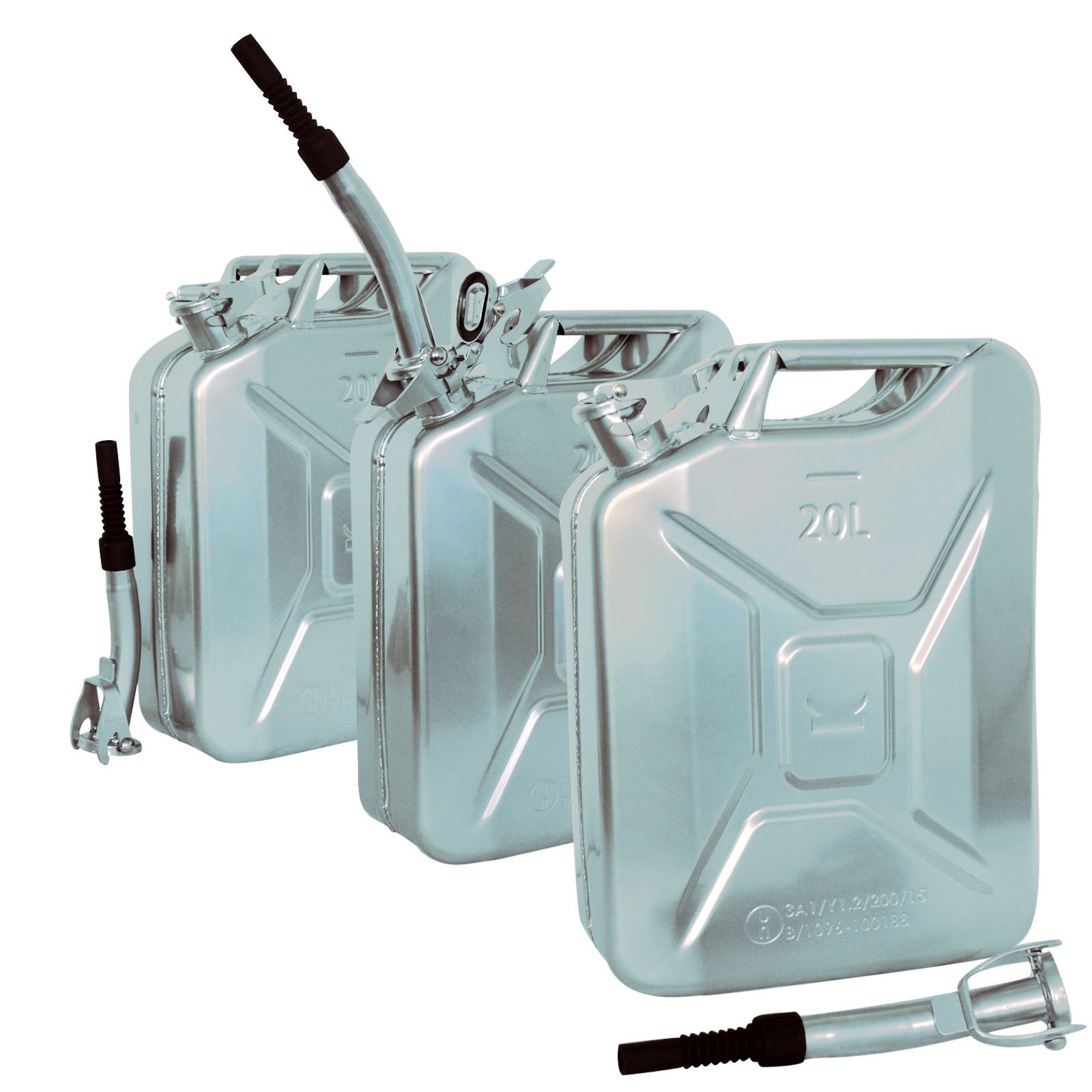 Baumarktplus Metallkanister Dieselkanister Benzinkanister 20 L 3er Set + Ausgießer + Halterung flexibel Silber Chrom Optik KraftstoffkanisterTrutzHolm Baumarktplus Metallkanister Dieselkanister Benzinkanister 20 L 3er Set + Ausgießer + Halterung flexibel Silber Chrom Optik KraftstoffkanisterTrutzHolm von Baumarktplus