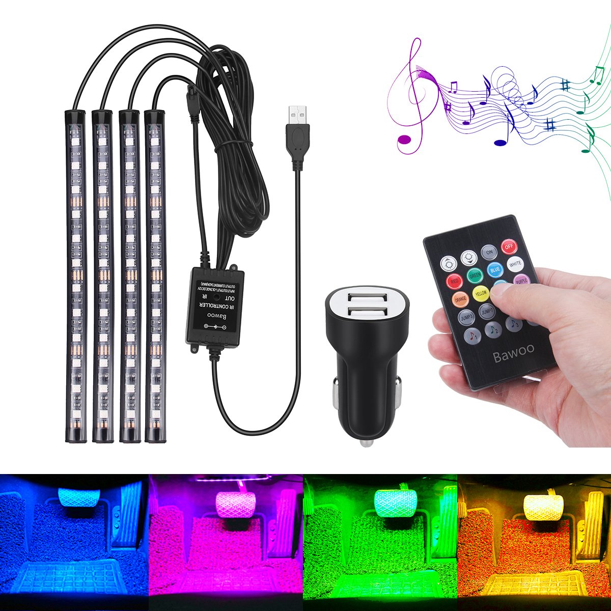 Auto Innenbeleuchtung LED Atmosphäre Licht, Bawoo 48 Streifen Leuchten Innenraumbeleuchtung USB-Port Lichtleiste mit Fernbedienung Auto Innenbeleuchtung LED Atmosphäre Licht, Bawoo 48 Streifen Leuchten Innenraumbeleuchtung USB-Port Lichtleiste mit Fernbedienung von Bawoo