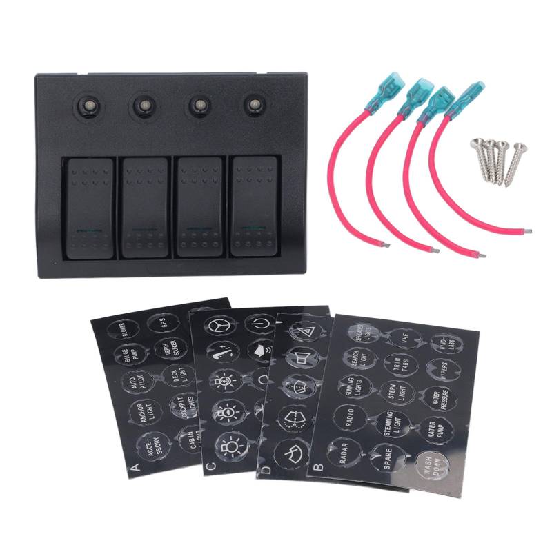 4 Gang -Rocker -Schaltertafel, IP68 Water Proof ABS mit Indikatoren, 2x10a+2x15a Überlastschutz für Meeresboot Caravan, DC -Stromverteilungseinheit von Baxnore