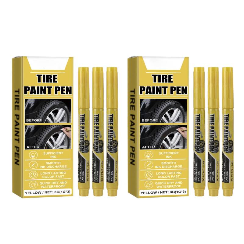 Baxnore 6pcs Yellow Tire Paint Pen, 1 g Reifenmarker -Set, dauerhafte wetterfeste Kunststift für Automobilreifen von Baxnore