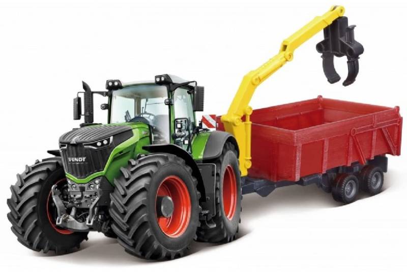 Bburago Fendt 1000 Vario Traktor mit Kombi-Anhänger, Spielzeugfahrzeug für Kinder, Landwirtschaft, Batteriebetrieben, Push, 100 mm, 2 Count, Unisex von Bburago
