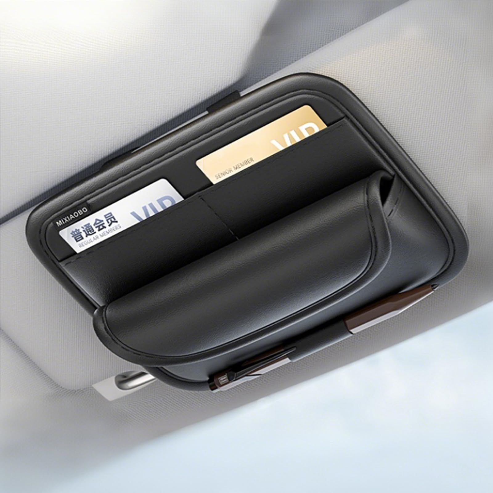 Bebochoi Auto Sonnenblende Organizer, Auto Interieur Leder Zubehör Aufbewahrungstasche Beuteltasche Tasche, Weiches Leder Sonnenbrillenhalter Auto, für Sonnenbrillen, Bankkarten (Schwarz) von Bebochoi