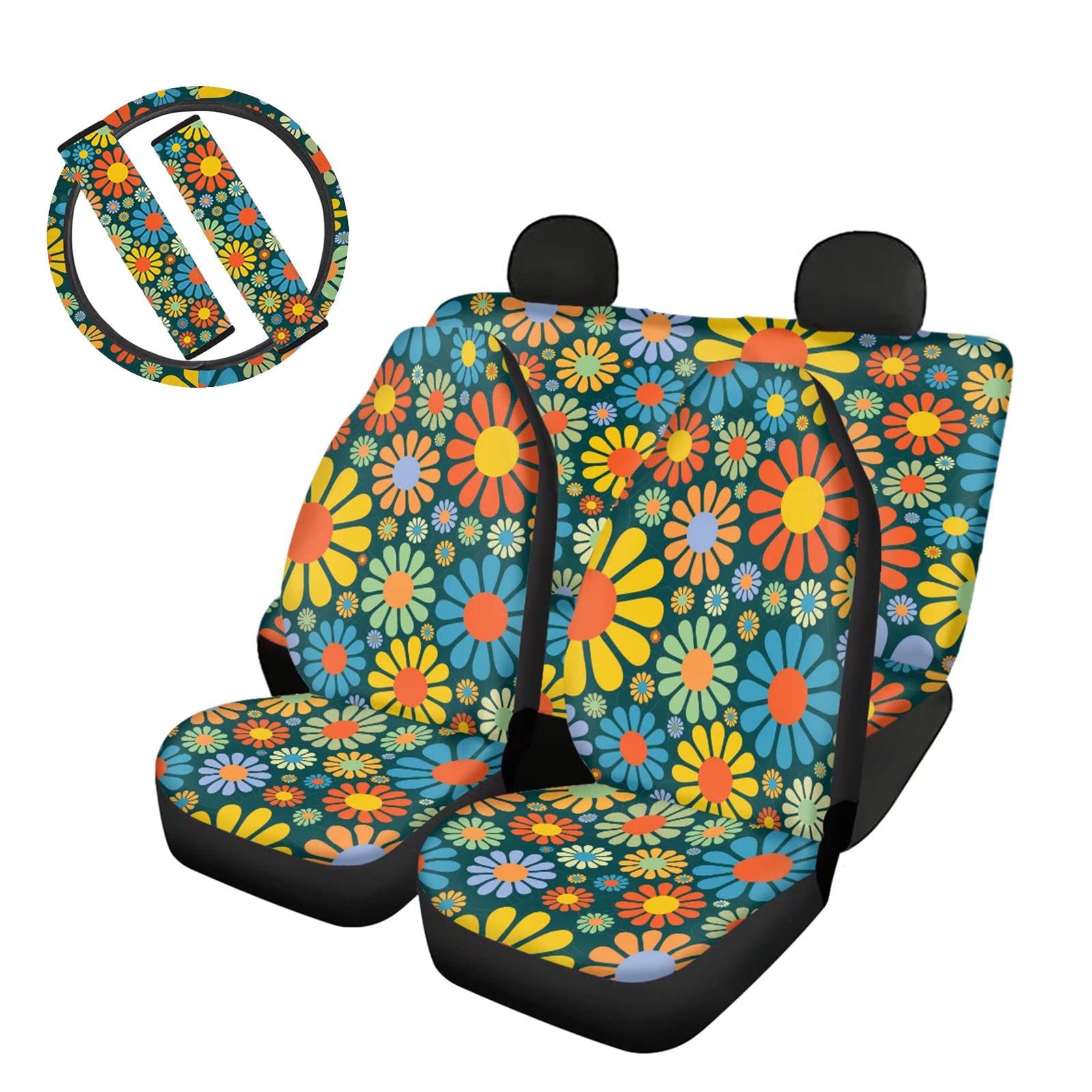 Belidome Abstrakte Hippie Blume Autositzbezüge Komplettes Set Lenkradkissen Sicherheitsgurtpolster für Damen und Herren von Belidome