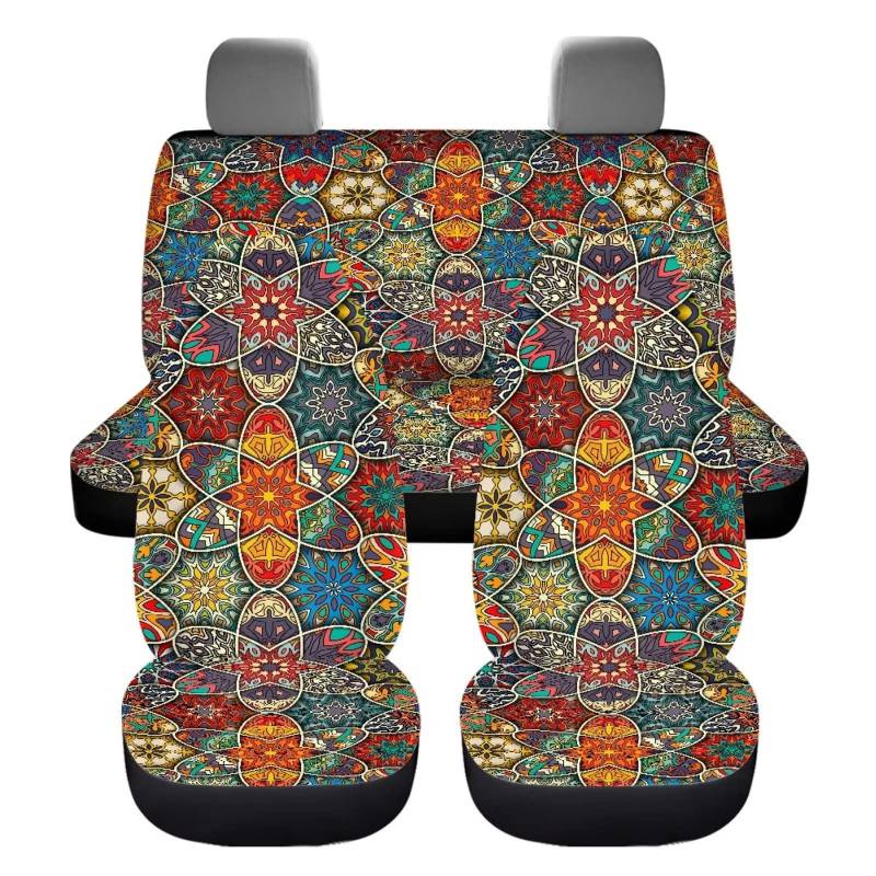 Belidome Autositzbezüge, Boho-Mandala-Blume, komplettes Set, universal, Auto-Dekoration, Stretch-Kissen vorne und hinten von Belidome