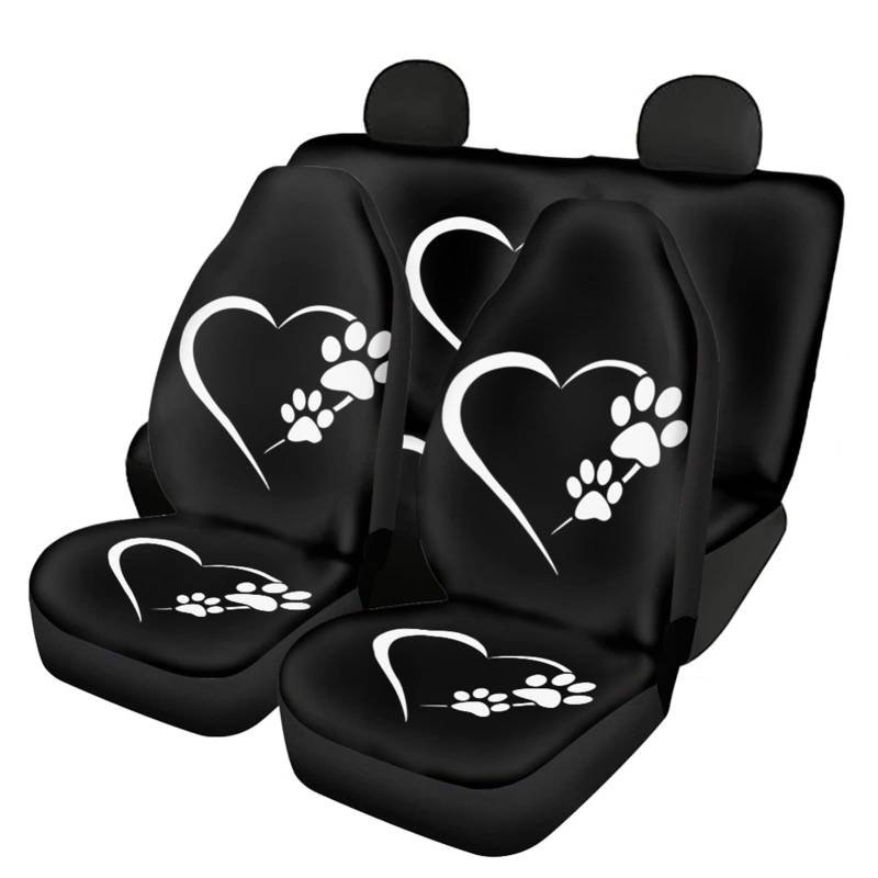 Belidome Autositzbezüge, Hundepfoten-Herz, komplettes Set, vorne und hinten, universal, passend für SUV, Van, Limousine, Weiß von Belidome