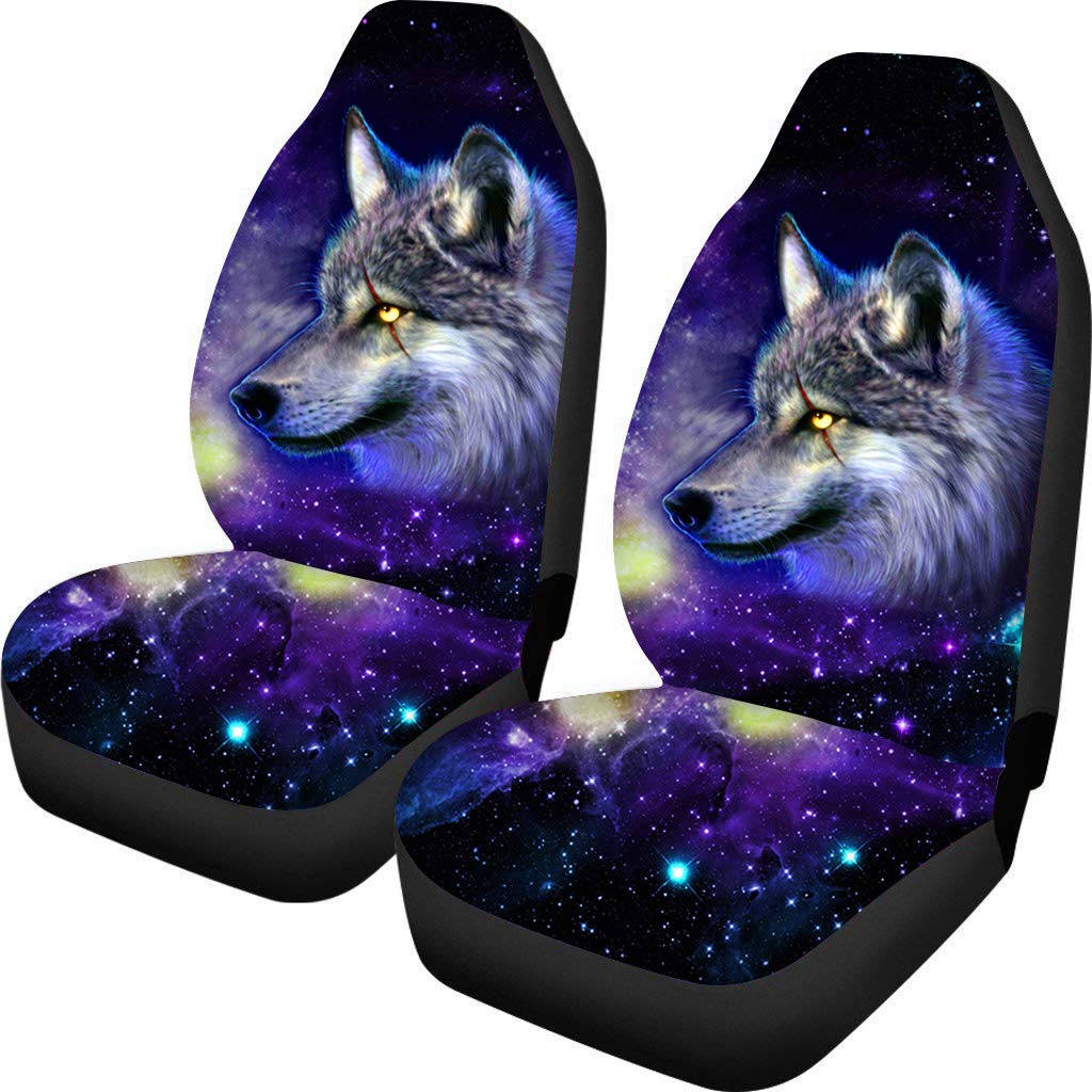 Belidome Universum Wolf Galaxy Autositzbezüge, nur Vordersitze, weiches Stretch-Rückenkissen, langlebig, waschbar von Belidome