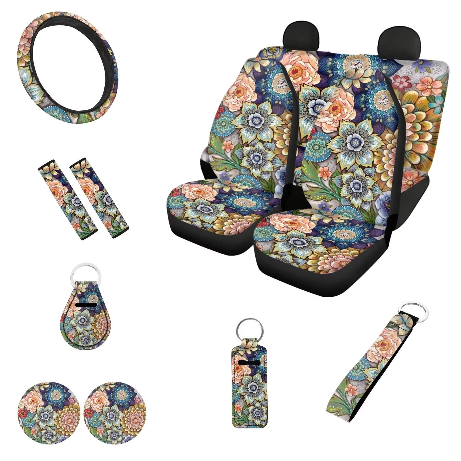 Belidome Autositzbezug-Set mit hellen Blüten, bunter Boho-Blumendruck, Sicherheitsgurtpolster, Lenkradschutz, Untersetzer, Schlüsselanhänger, Chapstick-Halter, 12 Stück, Boho Floral, Einheitsgröße von Belidome