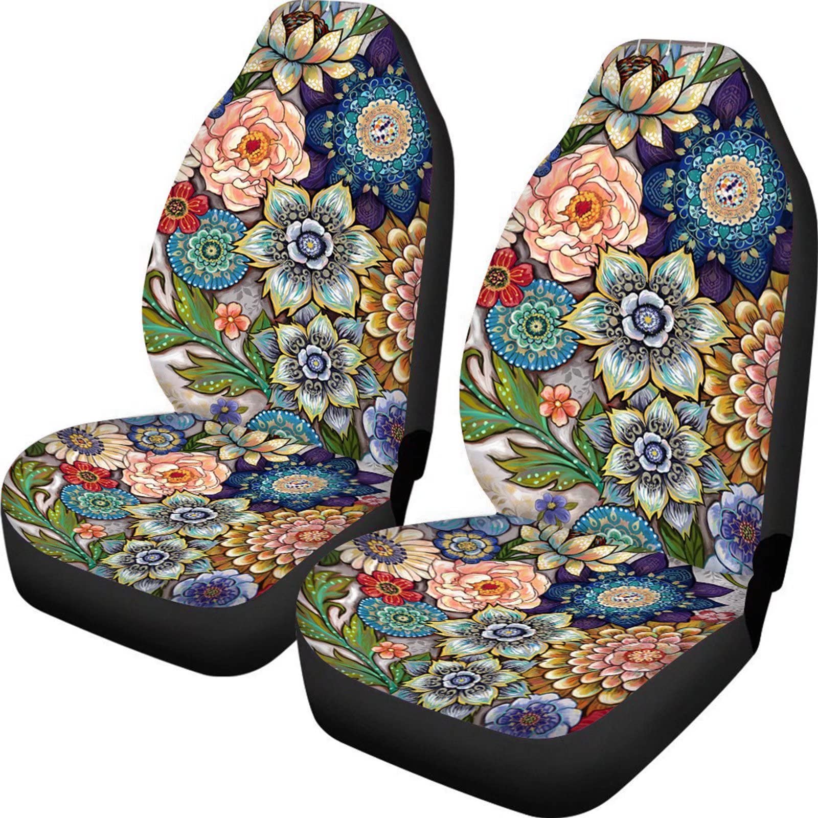 Belidome Boho Mandala Blumen Autositzbezüge für Damen und Herren, helle Blüten, Autozubehör, komplettes Set mit 2 Stück von Belidome