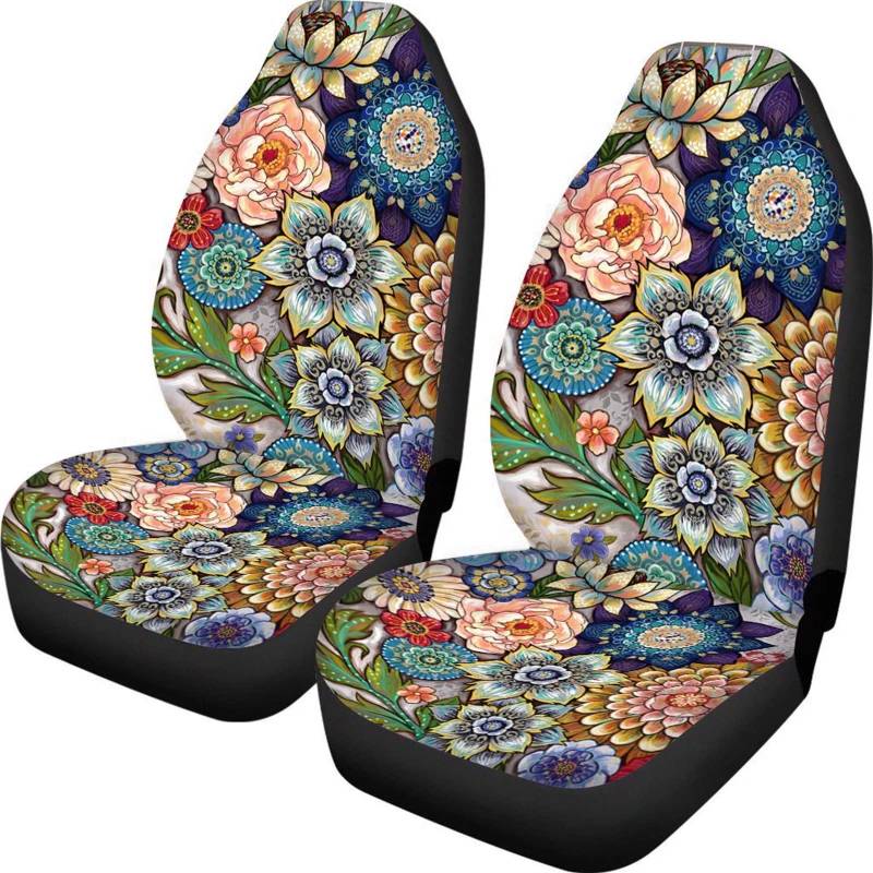 Belidome Autositzbezüge Boho-Mandala-Blumen, für Damen und Herren, helle Blüten, Autozubehör, komplettes Set mit 2 Stück von Belidome