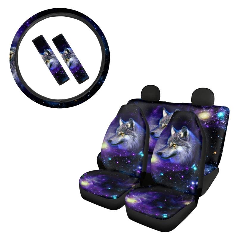 Belidome Cool Galaxy Wolf Muster Auto Sitzbezüge Decoretive Zubehör mit Lenkrad/Sicherheitsgurt Pads Soft Nofading Waschbar für Auto Limousine von Belidome