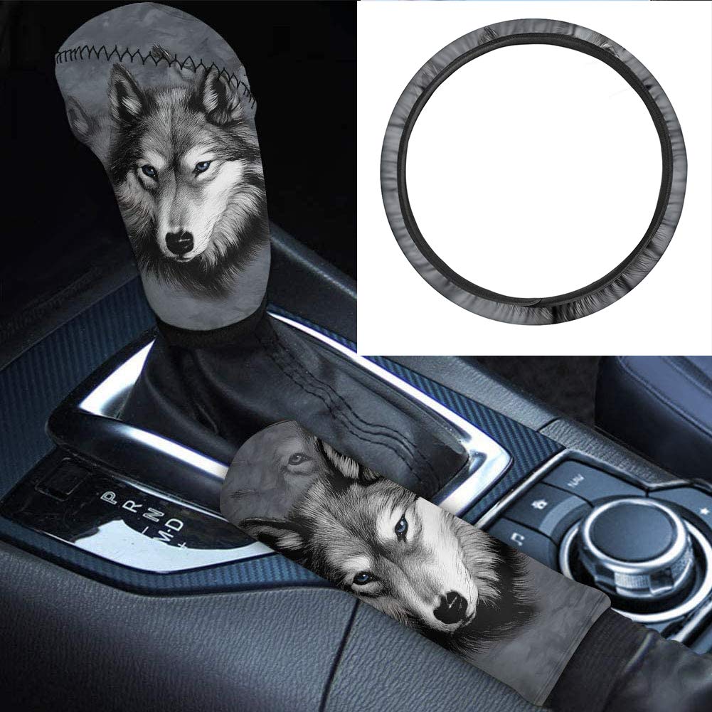 Belidome Grauer Wolf Tier-Design Dekoration für Auto-Lenkrad + Handbremsgriff + Grear Shift Covers von Belidome