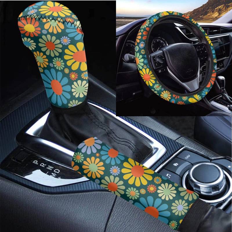 Belidome Lenkradbezug mit abstraktem Hippie-Blumen-Motiv, Schaltknauf, Handbremskissen, buntes Gänseblümchen, dehnbar von Belidome