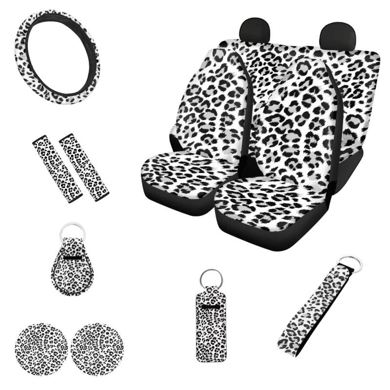 Belidome Leopardenmuster 12-teiliges Auto-Innenraumabdeckungen-Set, Lenkradbezug, Handschlaufe, Auto-Untersetzer, Sicherheitsgurtpolster, von Belidome