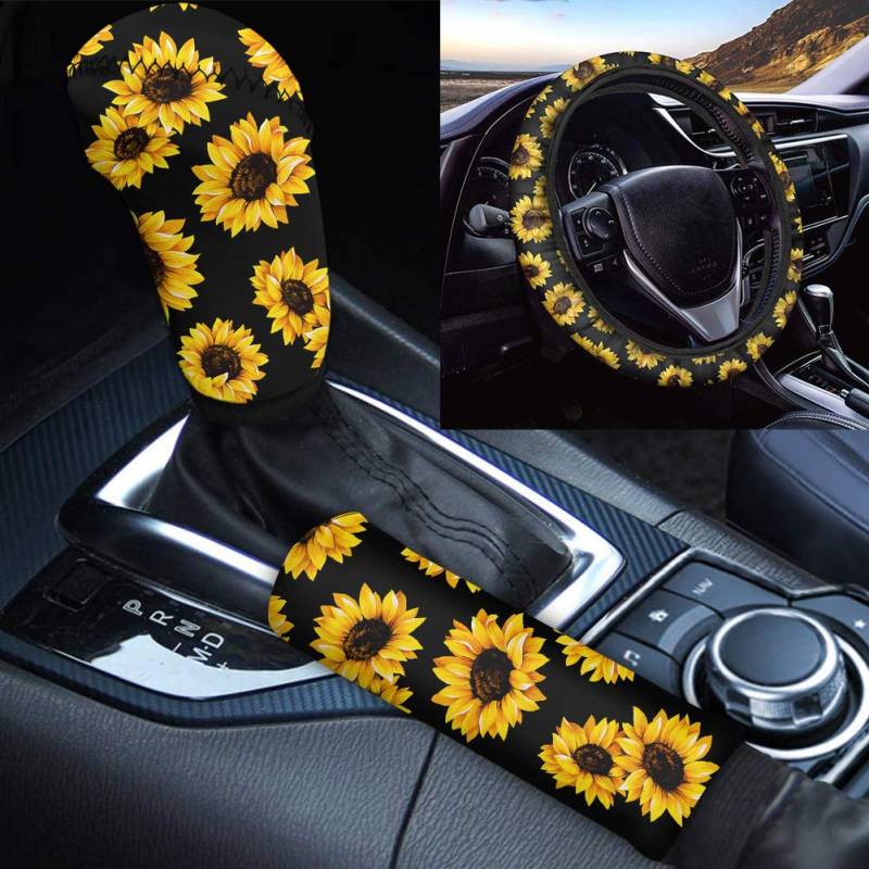 Belidome Sunflower Auto-Lenkradbezug für Damen, Handbremse und Schaltknauf, atmungsaktiv, weich, langlebig, universell von Belidome