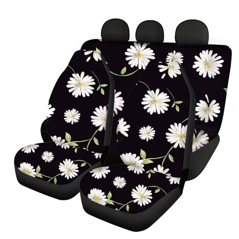 Belidome Weiße Gänseblümchen-Autositzbezug für Damen, Stoffschutz, Zubehör, weiche, waschbare Dekorationen, 4 Stück von Belidome