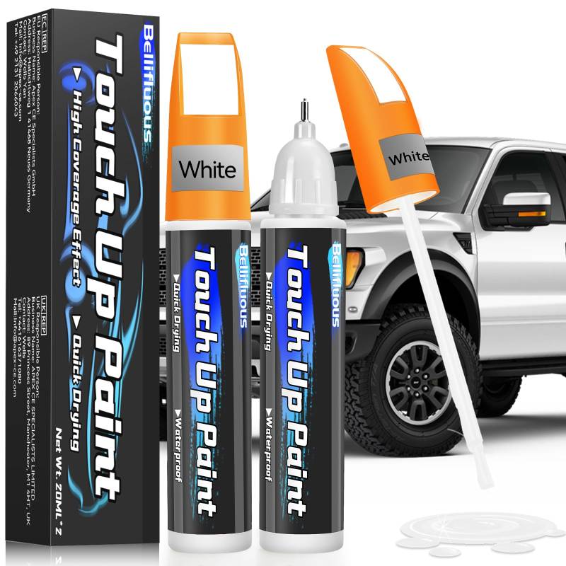 Bellifluous Lackstift Weiß, Lackstift Auto, 2 Stöcke 2 in 1 Kratzer Entferner Auto Weiß, Schnelltrocknender Felgenlack Weiß Glänzend Zum Abdecken Und Reparieren Von Autokratzern(40ml) von Bellifluous