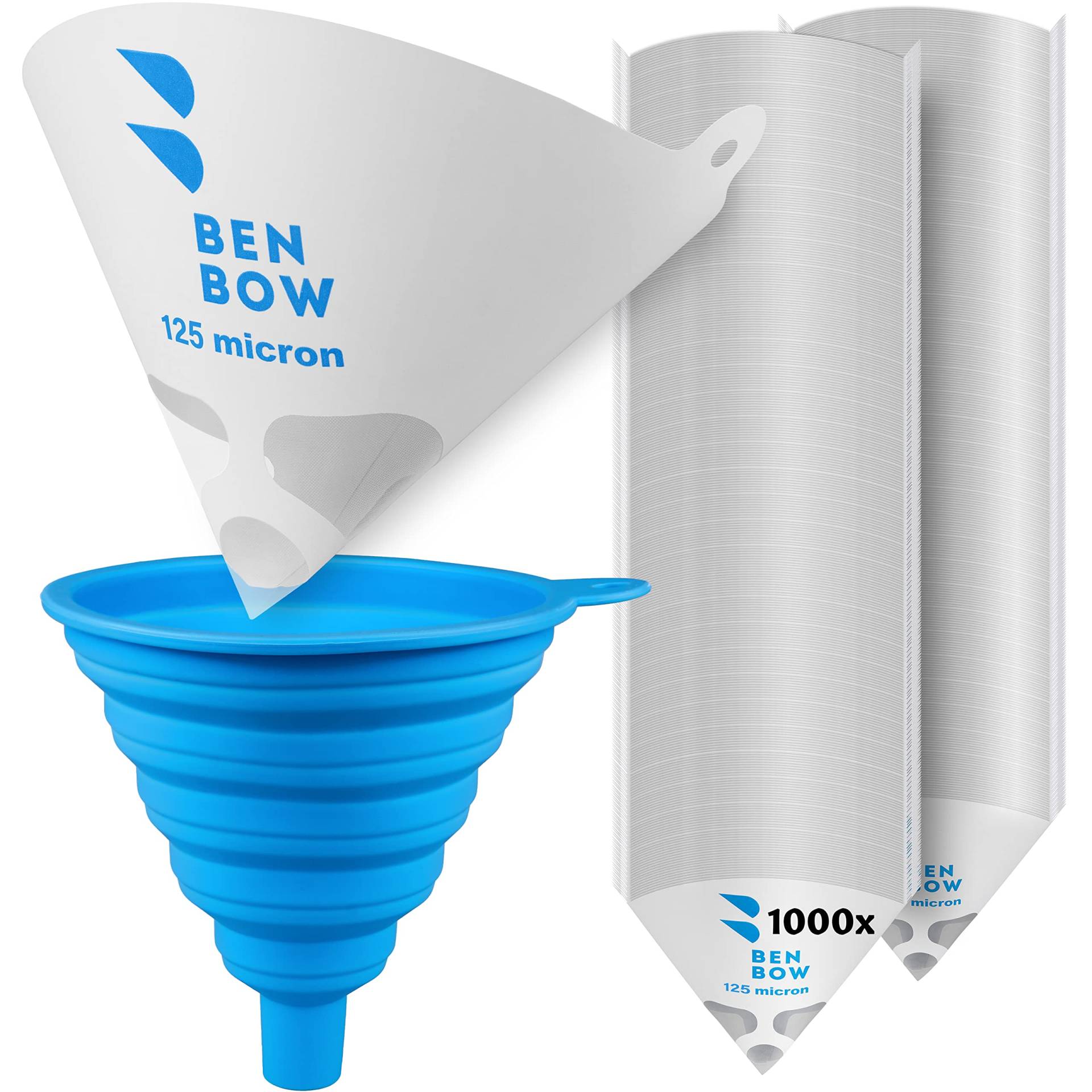 BenBow Lacksieb 125µ x 250 Stück - Einweg-Papierfilter mit Nylongewebe und praktischer Silikontrichter - zum Filtern von Lacken und Farben vor Verunreinigungen von BenBow