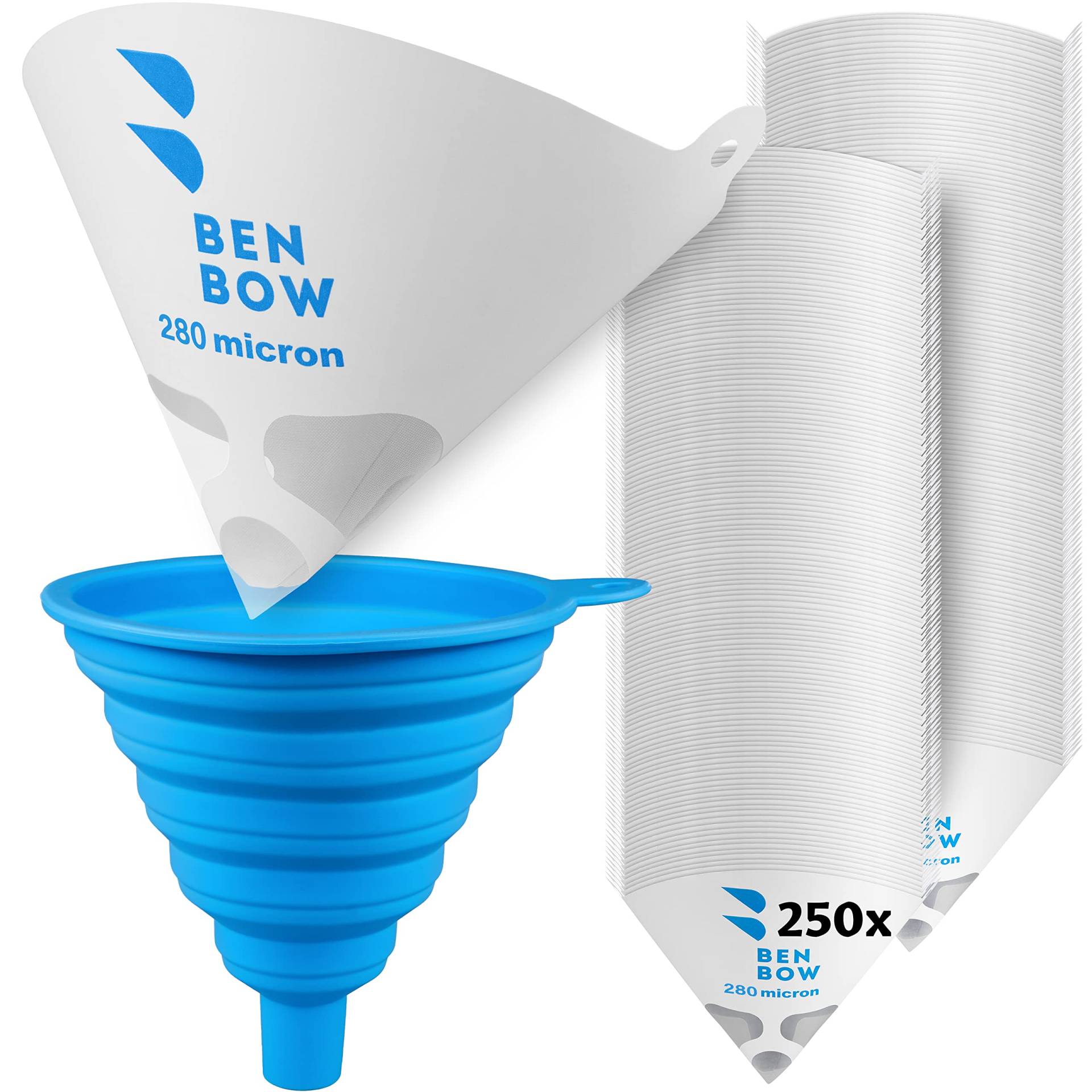 BenBow Lacksieb 280µ x 250 Stück - Einweg-Papierfilter mit Nylongewebe und praktischer Silikontrichter - zum Filtern von Lacken und Farben vor Verunreinigungen von BenBow