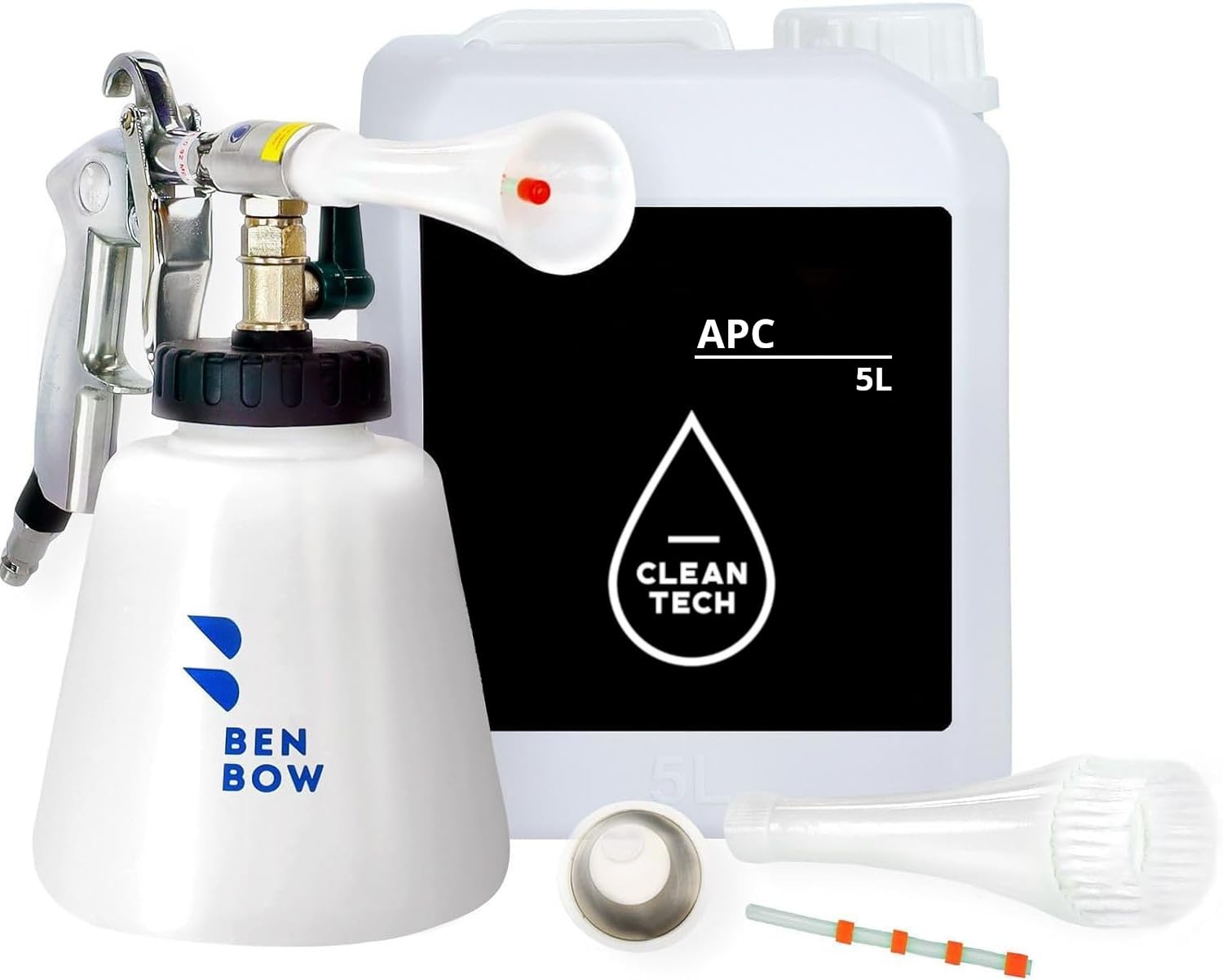 BenBow Druckluft Reinigungspistole Classic - mit 5L Auto Universalreiniger – sehr langlebig, robust – für gründliche, berührungslose Reinigung: Auto, LKW, Bus, Polster – auch zum Ausblasen von BenBow
