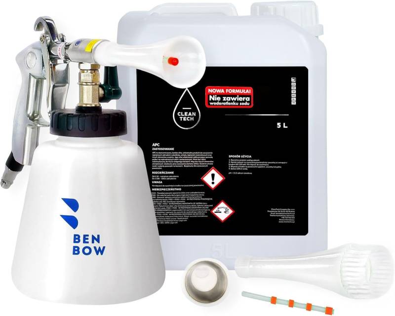 BenBow Druckluft Reinigungspistole Classic - mit 5L Auto Universalreiniger – sehr langlebig, robust – für gründliche, berührungslose Reinigung: Auto, LKW, Bus, Polster – auch zum Ausblasen von BenBow