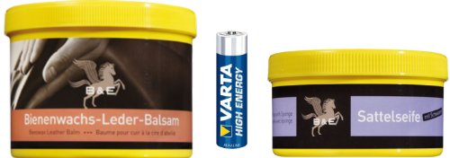 Lederseife 250 ml + Bienenwachs Lederpflege Balsam, 500 ml, incl. VARTA High Energie AA 1,5 V Batterie von Bense & Eicke